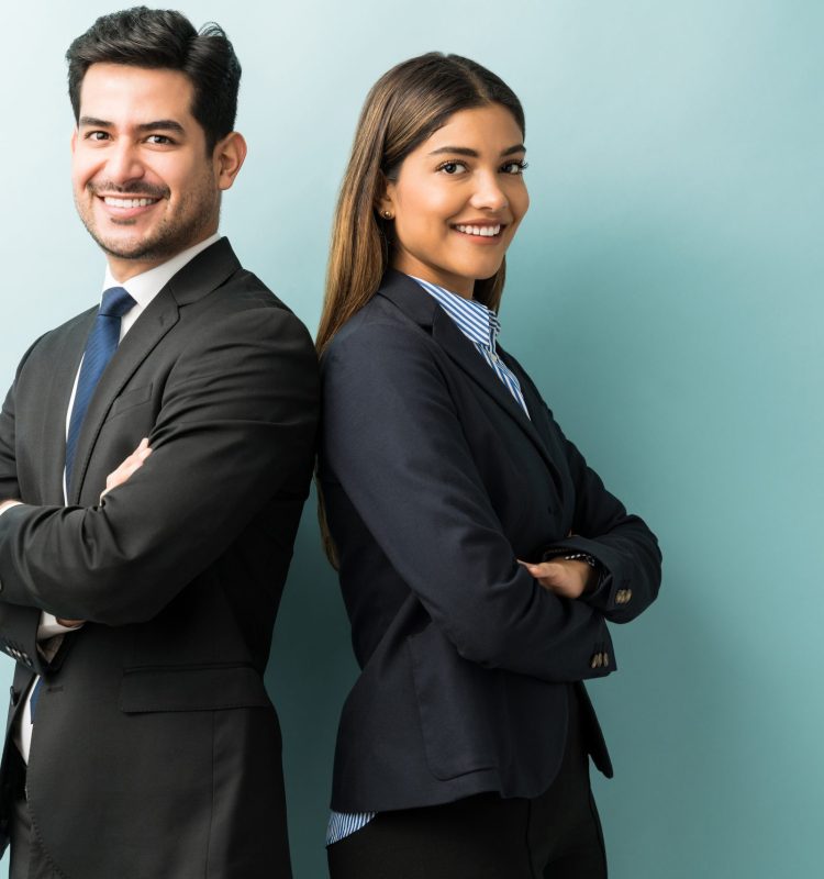 Latin confident professionals in suit standing against isolated background